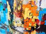 abstract painting of a colorful cityscape with buildings in the background