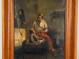 un vieux tableau représentant un homme assis sur un lit dans une chambre