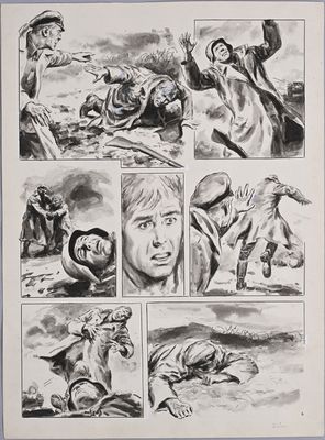 a black and white image of a comic strip with a man on a horse