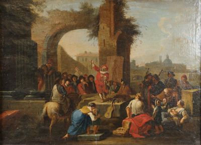painting of a group of people gathered around a table in a courtyard