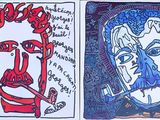 three different colored drawings of faces and words on a white background
