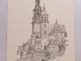un dessin représentant un bâtiment surmonté d'une tour horloge