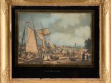 an old painting of a sailboat in a harbor with other boats in the background