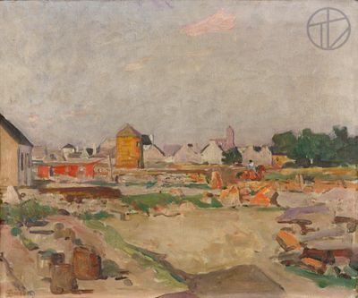 an image of a painting of a farm yard with a barn in the background