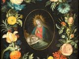 a painting of a wreath of flowers with an image of the virgin and child in the center