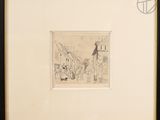 framed drawing of a street scene with a man and a woman