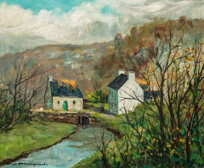 an oil painting of a small white house near a river