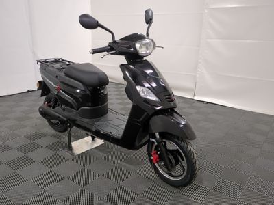 a black scooter parked in a room with a checkered floor
