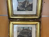 two framed pictures of a building and a building with a clock on it