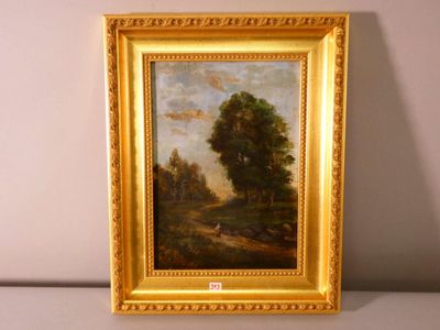 an oil painting of a landscape with trees in a gold frame