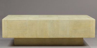 an image of a stone table with a wooden base on a grey background