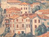 a painting of a town on a hill with a bridge