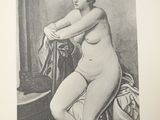 an old black and white drawing of a naked woman sitting on a bed