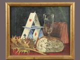 une image représentant un tableau sur lequel figurent un morceau de pain et un verre à vin posés sur une table