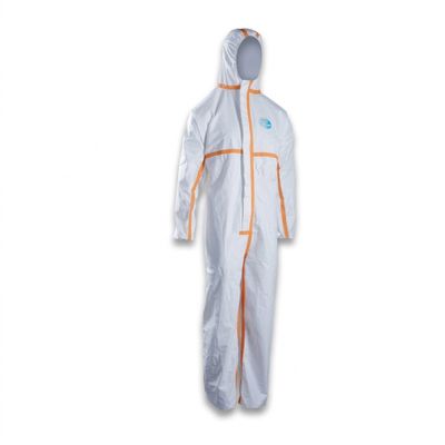 a white coverall with orange trims and a hood