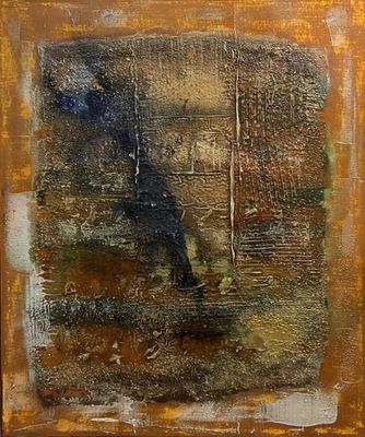 an abstract painting of a brown and blue square on a brown background