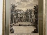 an old drawing of a garden with a fountain in the middle of it