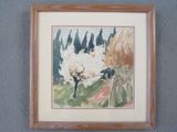 framed watercolor painting of a landscape with trees and a path