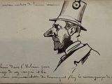 an old drawing of a man with a hat on his head