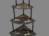 a three tiered shelf with a clock on top of it