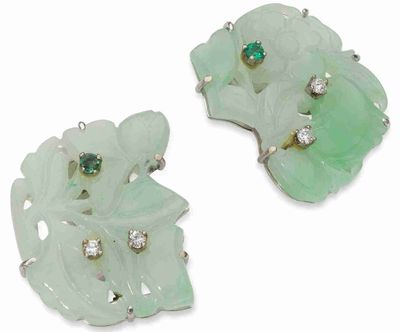 Boucles D'Oreilles EN OR Gris 18k, Diamants, ÉMeraude ET Jad…