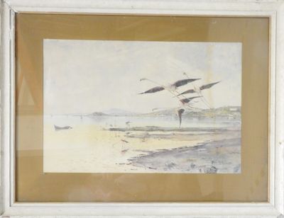 une photo d'un tableau représentant des oiseaux volant dans le ciel