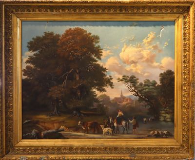 peinture représentant un paysage avec du bétail et des personnages au premier plan