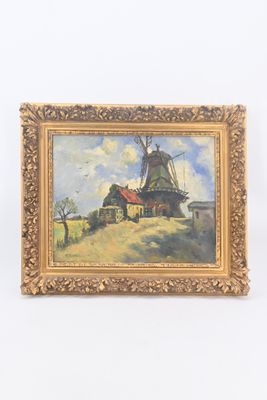 une peinture à l'huile représentant un moulin à vent sur une colline, avec une maison en arrière-plan