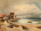un tableau représentant une scène de plage avec un bateau sur le rivage