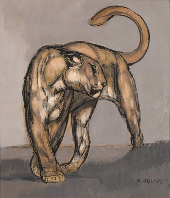 peinture représentant un lion debout sur ses pattes arrière sur un fond gris