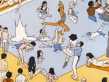 a painting of a group of people on the beach
