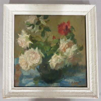 a painting of flowers in a vase on a table