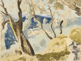an image of a watercolor painting of a landscape with trees