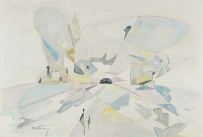 painting of a painting of a white building with a blue sky in the background