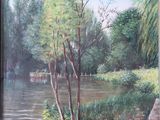 a painting of a river with a boat in the water