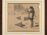 dessin représentant un homme en haut-de-forme et en manteau, debout devant un immeuble