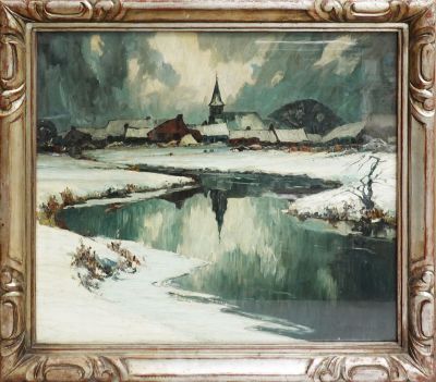 une image représentant un tableau représentant un paysage enneigé avec une église en arrière-plan