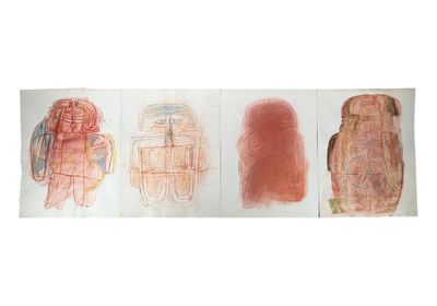quatre dessins de couleurs différentes, de formes et de tailles variées, sur du papier blanc