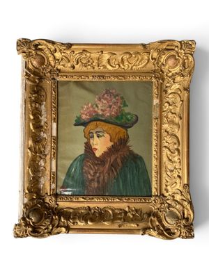 painting of a woman in a hat with flowers in a gold frame