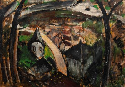 ECOLE MODERNE (XXe), « Chemin et clocher », Huile sur panneau. Usures. - Photo 1