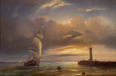tableau représentant un tableau d'un navire en mer, avec un phare en arrière-plan
