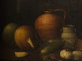 a painting of a still life with vegetables and a vase