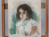 painting of a young girl in a white dress sitting on a wooden easel