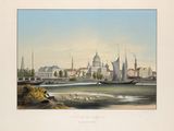 tableau représentant une vue de ville avec de grands immeubles et un plan d'eau