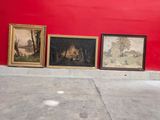 three paintings on a red wall next to a fire hydrant