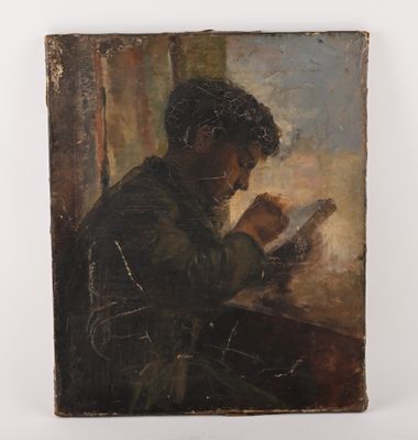 an oil painting of a man reading a book on a table