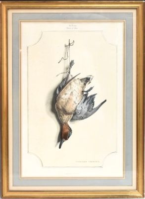 tableau représentant un oiseau mort suspendu à une corde accrochée à un mur