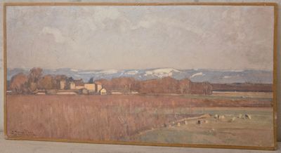une image représentant un tableau de paysage avec des moutons dans un champ