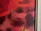 an oil painting of a dog in a red hat with a name on it