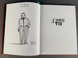 an open book with a drawing of a man in a suit and tie